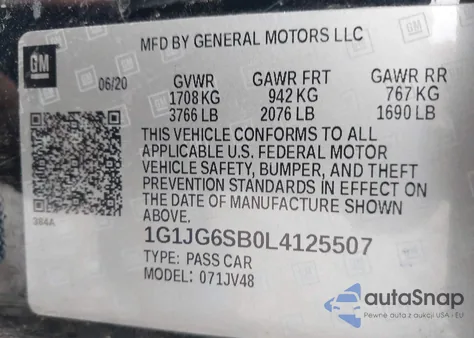 2020 Chevrolet Sonic Fwd 1Fl 5-Door из США, поврежденный, VIN 1G1JG6SB0L4125507